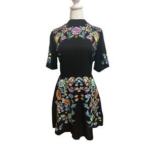 ASOS sz 12 black embroidered colorful mock neck short cotton boho dress